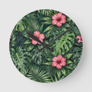 Relógio Redondo Hibisco Tropical Monstera Padrão de Selva