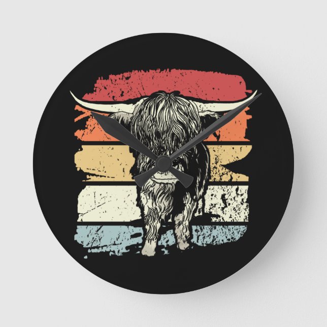 Relógio Redondo Highland Cow Highland Cows Retro (Frente)