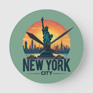 Relógio Redondo Horizonte Retro da Cidade de Nova York com Estátua