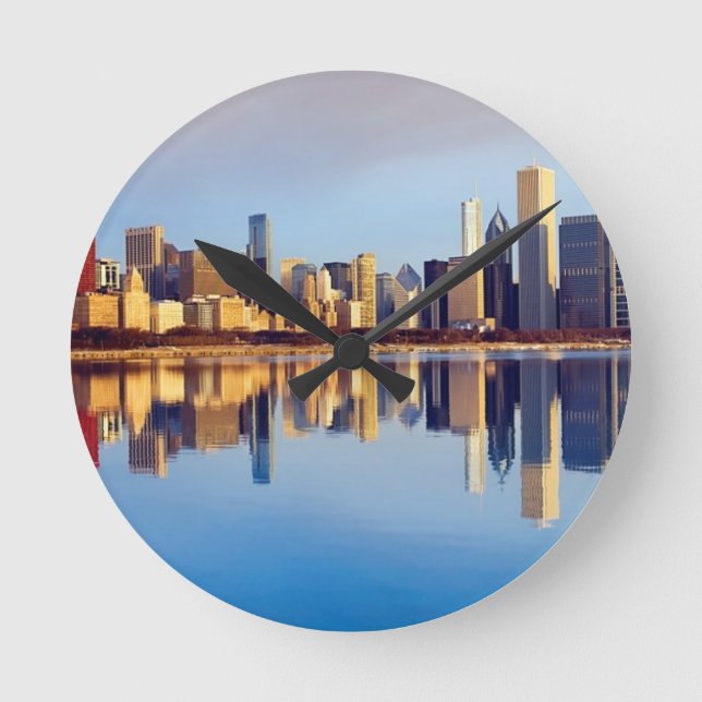 Relógio Redondo Ideia da skyline de Chicago com reflexão (Frente)