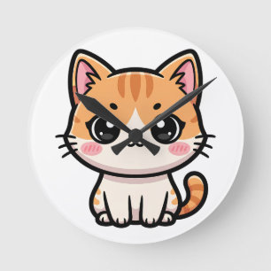 Relógio Redondo Ilustração Adorável de Gato Ginger Kawaii