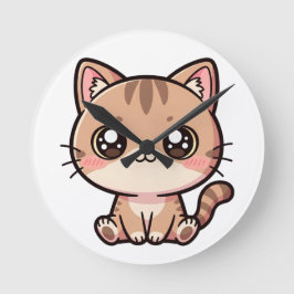 Relógio Redondo Ilustração Adorável de Gato Kawaii Chibi