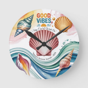 Relógio Redondo Ilustração da Praia Retro da Summer Vibes