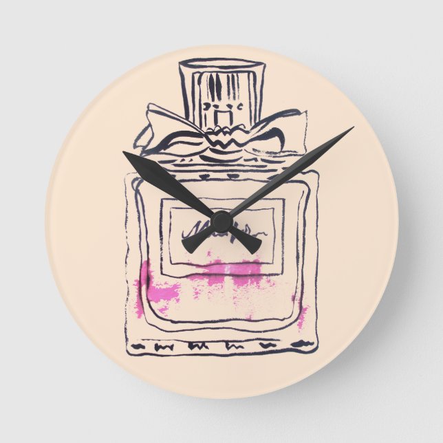 Relógio Redondo Ilustração de aquarela da moda da garrafa de perfu (Frente)