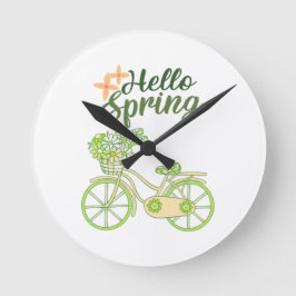 Relógio Redondo Ilustração de Bicicleta Vintage Olá Primavera