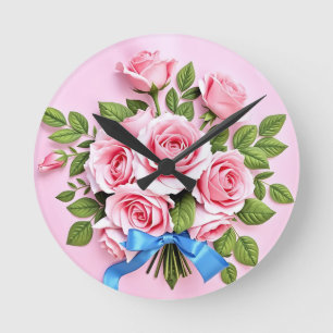 Relógio Redondo Ilustração de Buquê de Rosas Rosa com Fita