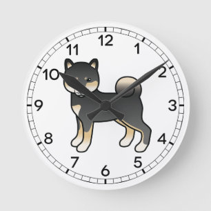 Relógio Redondo Ilustração De Cão De Cartoon Shiba Inu Preto E