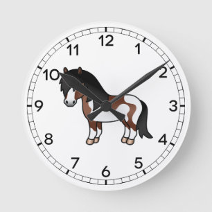 Relógio Redondo Ilustração de Cartoon Brown Pinto Shetland Pony