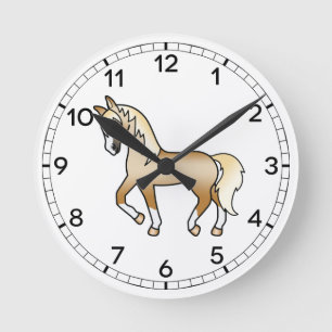 Relógio Redondo Ilustração de Cartoon Trotting Horse Palomino Cute