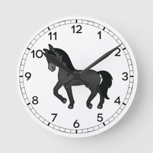 Relógio Redondo Ilustração de Cavalo Trotador de Corte Negro