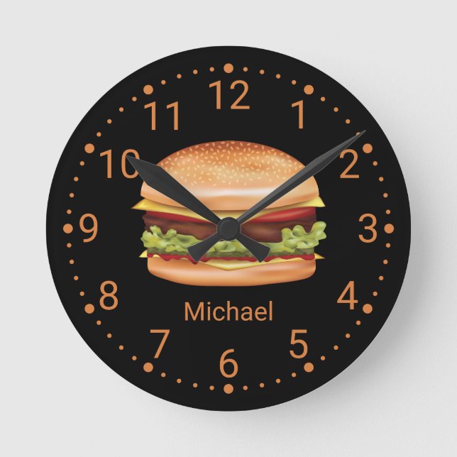 Relógio Redondo Ilustração de Comida Rápida Hamburger com Nome Per (Frente)