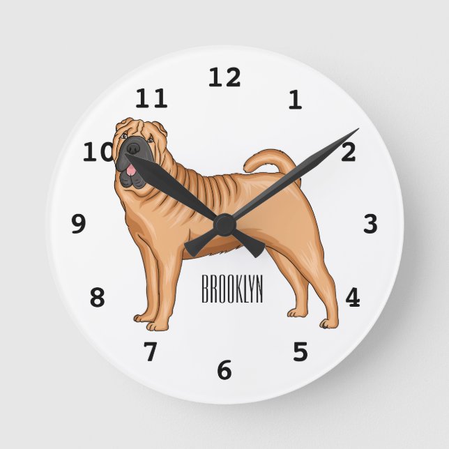 Relógio Redondo Ilustração de desenho animado de cão Shar-Pei chin (Frente)