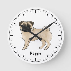 Relógio Redondo Ilustração de desenho animado de Pug corça com nom