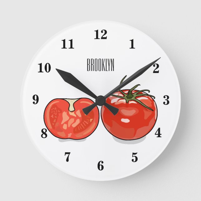 Relógio Redondo Ilustração de desenho animado de tomate (Frente)
