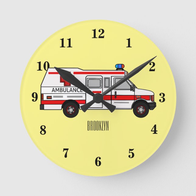 Relógio Redondo ilustração de desenho de ambulância (Frente)