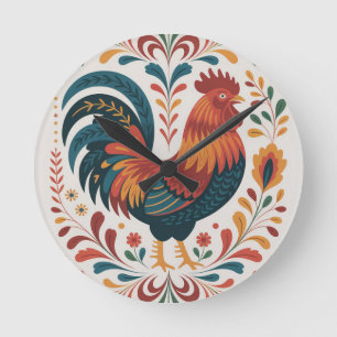 Relógio Redondo Ilustração de Galo de Arte Folclórica Tradicional