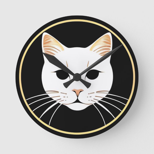 Relógio Redondo Ilustração de Gato Branco Elegante (Frente)