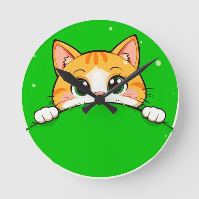 Relógio Redondo Ilustração de Gato Fofo (Frente)