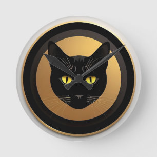 Relógio Redondo Ilustração de Gato Preto em Círculo Dourado