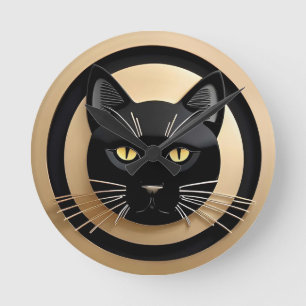 Relógio Redondo Ilustração de Gato Preto Estilizado