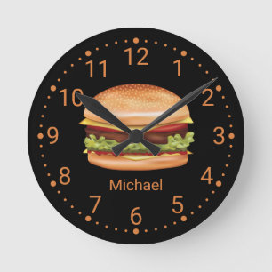Relógio Redondo Ilustração de Hambúrguer Fast Food com Nome Person