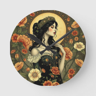 Relógio Redondo Ilustração de Mulher Floral Art Nouveau
