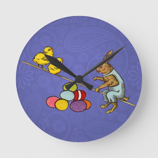 Relógio Redondo Ilustração de ovos de galinhas de coelho da Páscoa (Frente)