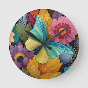 Relógio Redondo Ilustração Detalhada de Flores e Borboletas