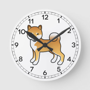Relógio Redondo Ilustração do Cão de Cartoon Vermelho Shiba Inu Cu