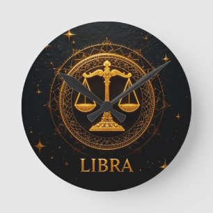Relógio Redondo Ilustração do Signo Zodíaco Libra Dourada