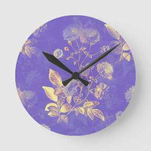 Relógio Redondo Ilustração Dourada Floral Azul Elegante Vintage