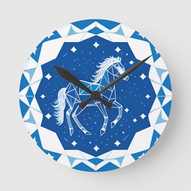 Relógio Redondo Ilustração Geométrica de Cavalo (Frente)