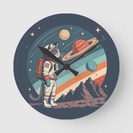 Relógio Redondo Ilustração Retro de Astronauta Gato Cósmico no Esp