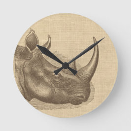 Relógio Redondo Ilustração Vintage Rhino em Burlap