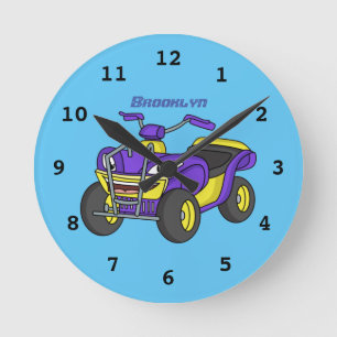 Relógio Redondo Imagem de desenho animado de bicicleta Quad Roxo 