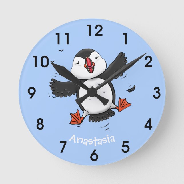 Relógio Redondo Imagem de desenho azul de desenho de um puffin bra (Frente)