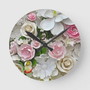 Relógio Redondo impressão floral rosa e branco