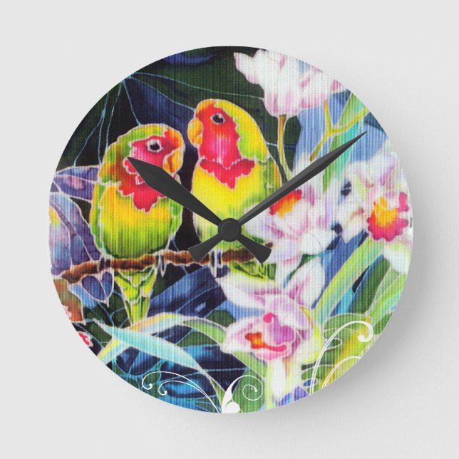 Relógio Redondo Impressão Tropical de Aves e Orquídeas com Amor Co (Frente)