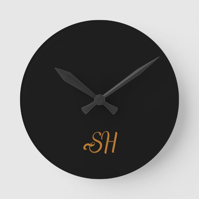 Relógio Redondo Iniciais personalizadas em script dourado preto (Frente)