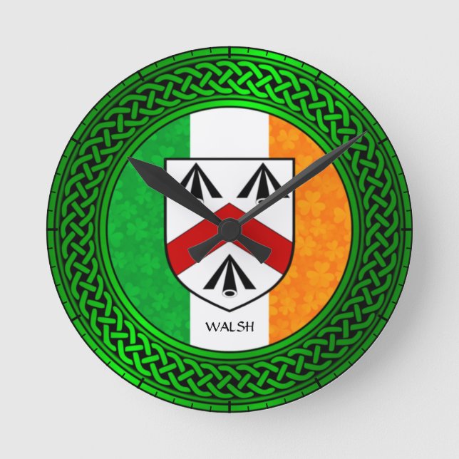 Relógio Redondo Irish Shamrock Flag - Walsh (Frente)