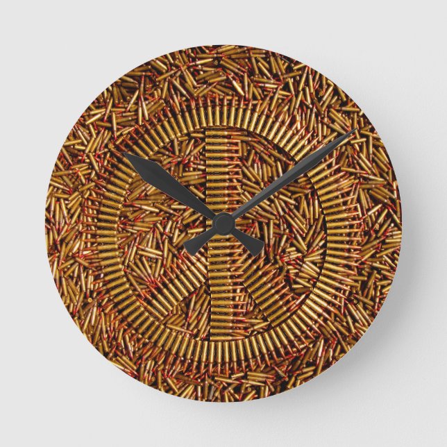 Relógio Redondo Ironia, sinal de paz, balas, munição (Frente)