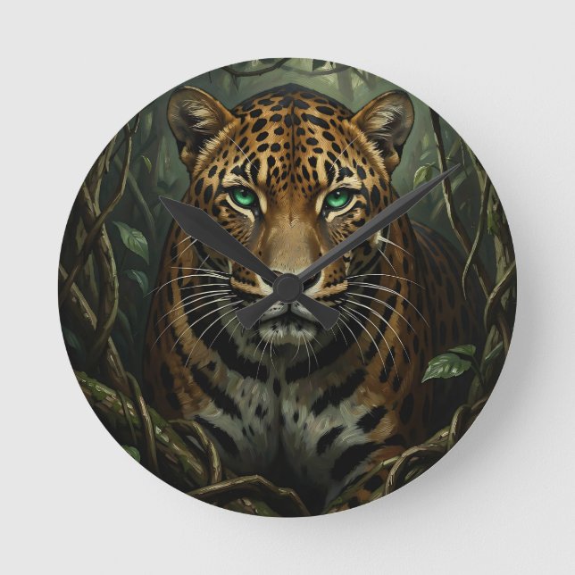 Relógio Redondo Jaguar da Selva de Olhos Verdes Intenso (Frente)