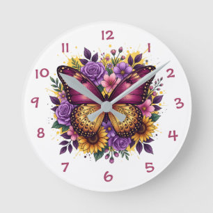 Relógio Redondo Jardim de Borboletas Floral Roxo Dourado Design