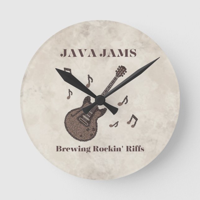 Relógio Redondo Java Jams-Brewing Rockin' Riffs-Café-Guitarra- (Frente)