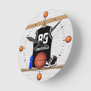 Relógio Redondo Jérsei preto e branco personalizado do basquetebo
