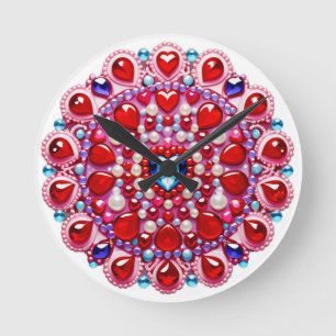 Relógio Redondo Jóias de Coração Colorido Design Mandala