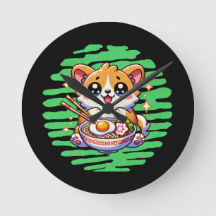 Relógio Redondo Kawaii Corgi comendo tigela de Ramen