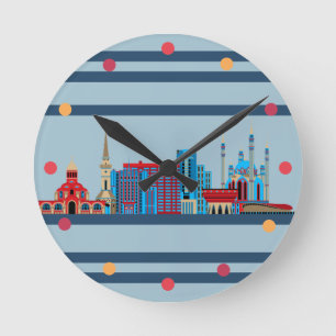 Relógio Redondo Kazan Russia Skyline Neon Blue Red Modern Wall