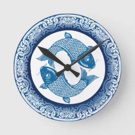 Relógio Redondo Koi Carp Fish Chinoiserie Blue Patterno