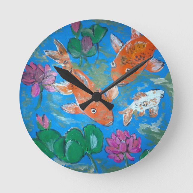 Relógio Redondo Koi Entre Lotus Wall Clock (Frente)